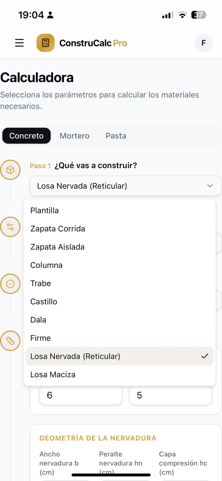 Pantalla de selección del elemento estructural en ConstruCalc Pro