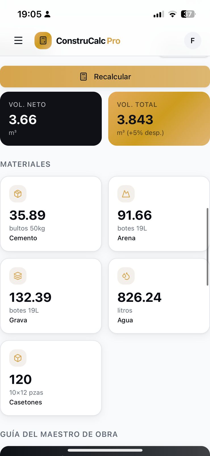 Resultados del cálculo: volumen, cemento, arena, grava y casetones